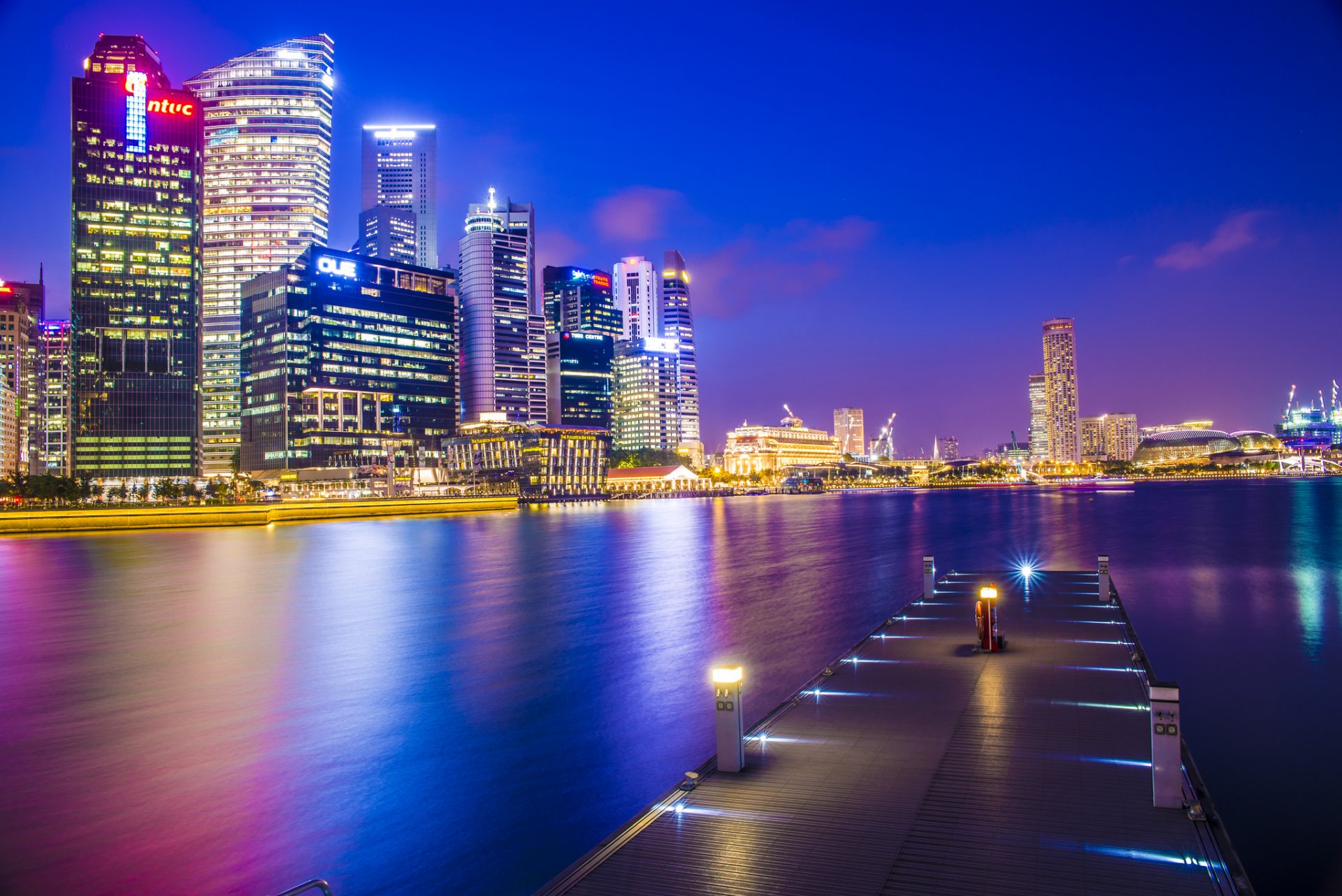 ingapore city asia night evening bay pier pier skyscrapers buildings high-rise houses lighting light