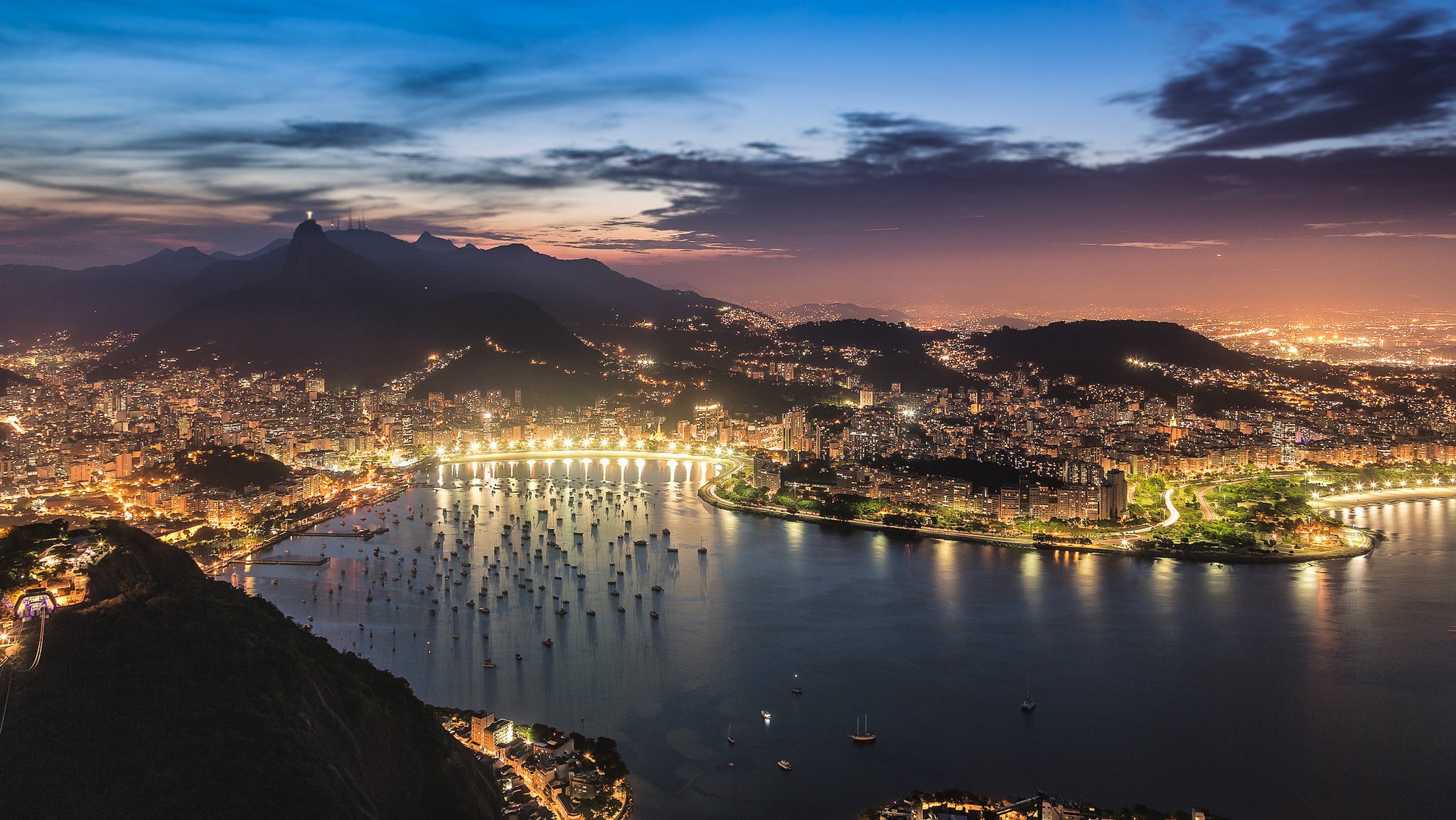 brazil rio de janeiro guanabara bay gulf night sunset sky clouds town lights lighting views panorama