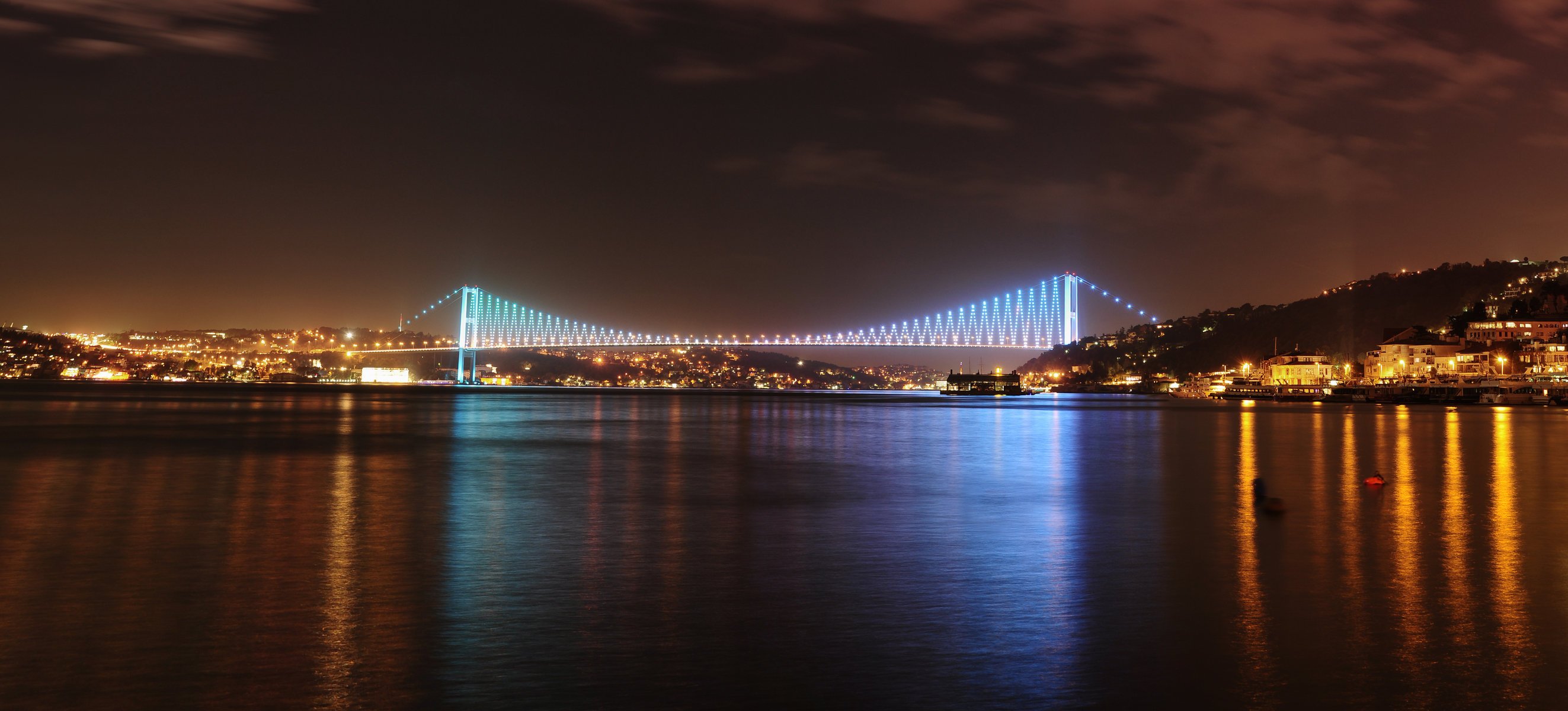 istanbul türkei stadt marmarameer bosporus-brücke panoramablick nacht lichter himmel wolken bosporus-meerenge panoramablick lichter schiffe