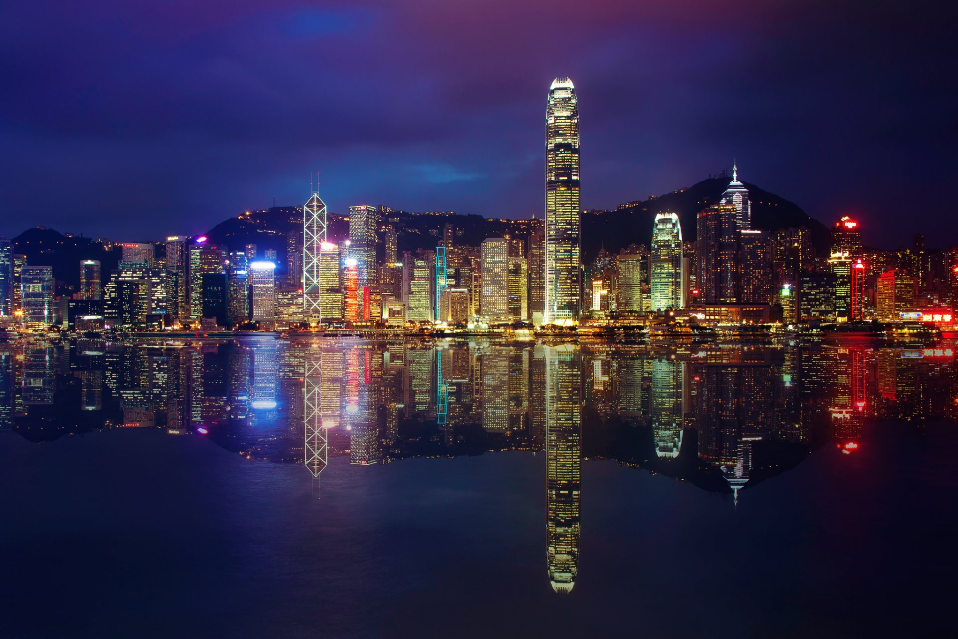 city hong kong hong kong evening night bay lights skyscrapers buildings reflection