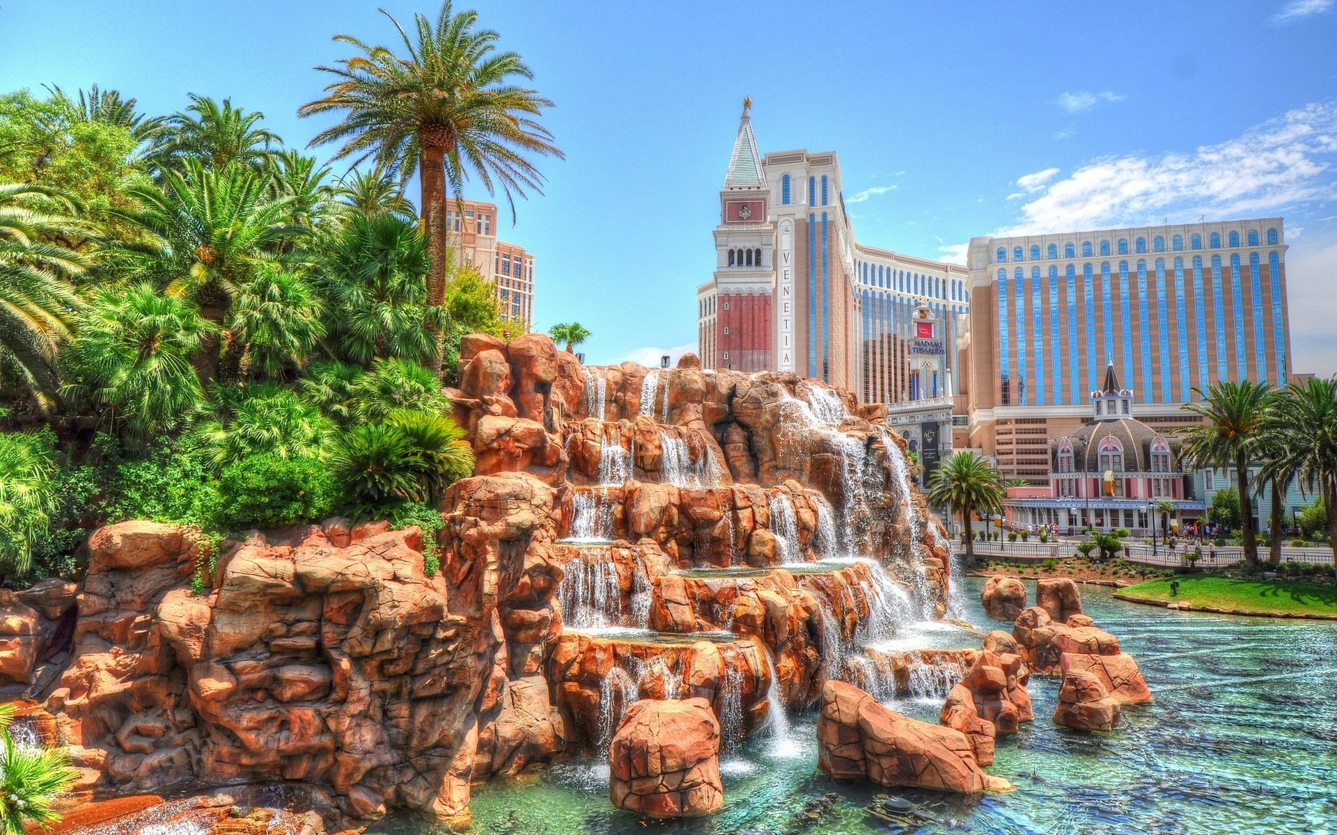 usa nevada las vegas venetian hotel palm trees waterfalls hdr