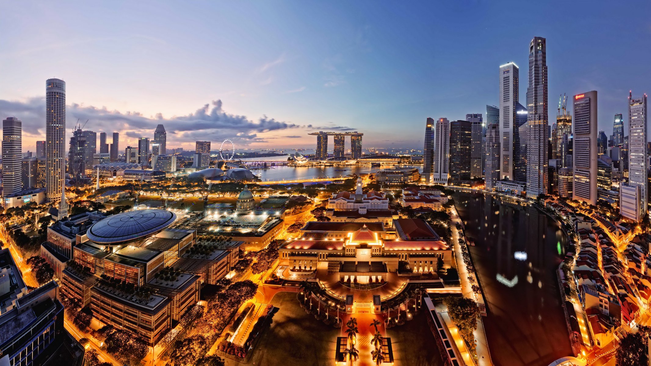 singapour asie ville soirée lumières gratte-ciel maisons