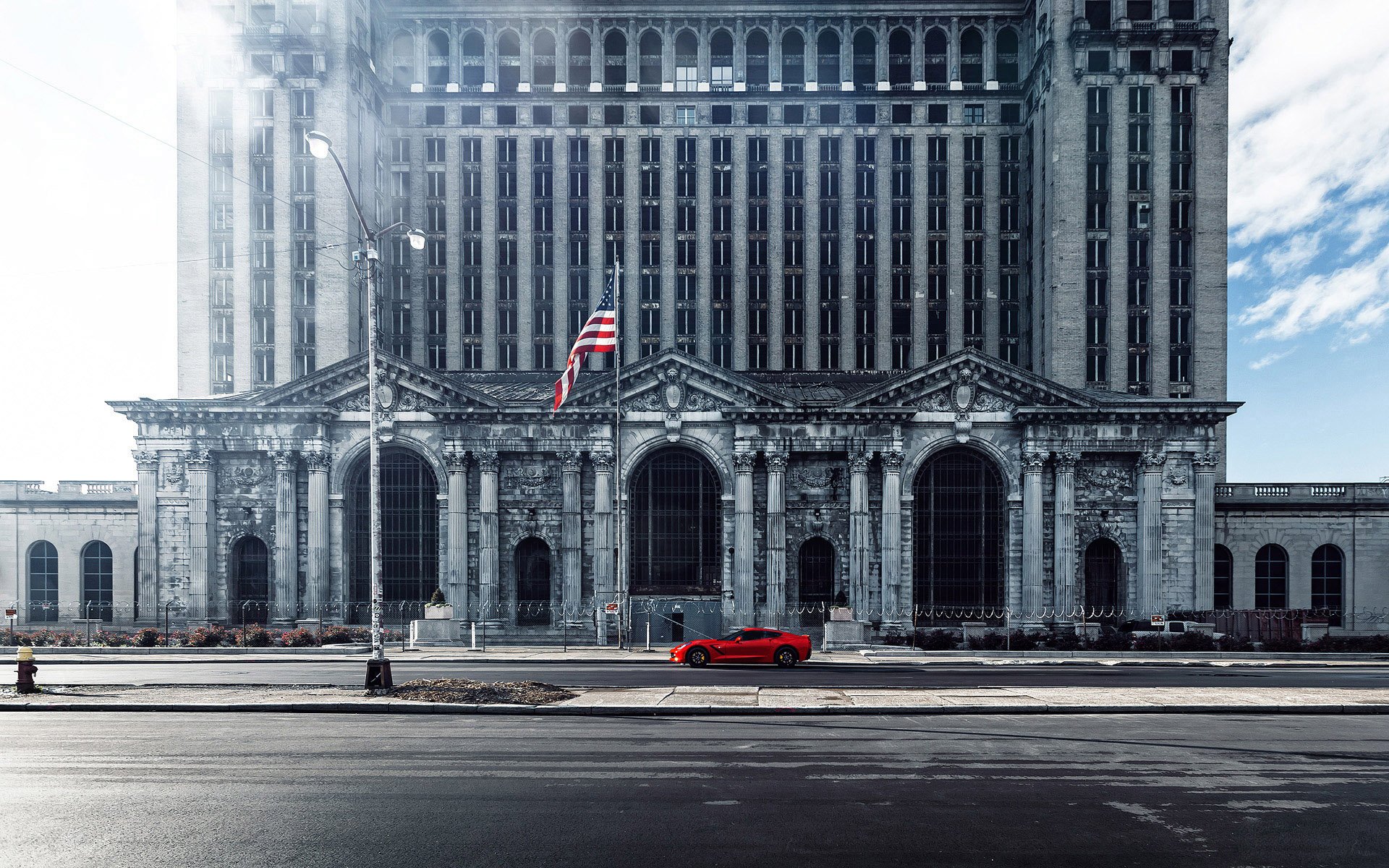 stadt gebäude amerika usa auto chevrolet corvette flagge webb weiches foto