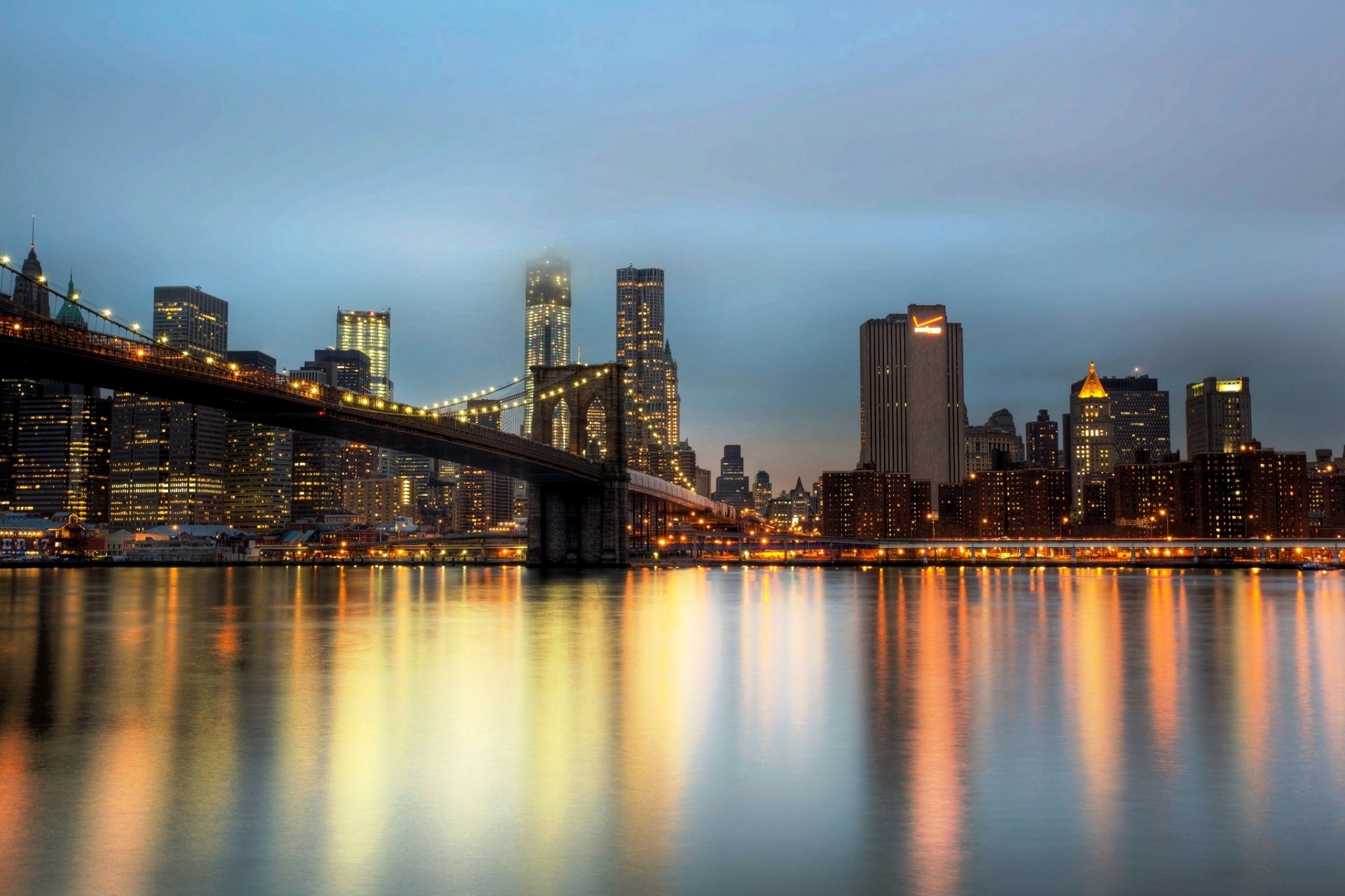 brooklyn bridge new york usa east river city evening skyscraper