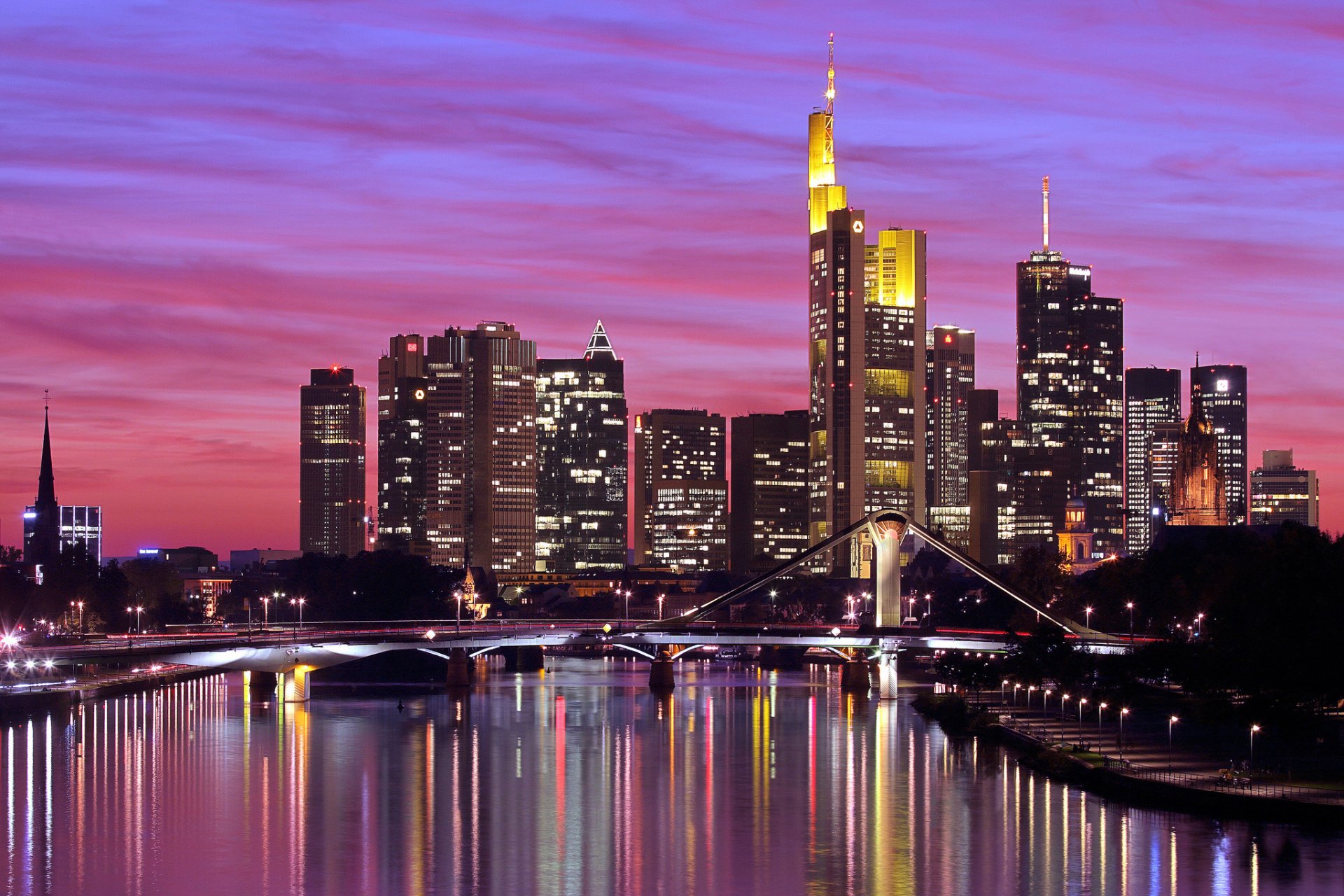 germany frankfurt am main frankfurt am main city river main bridge illumination lights lighting reflection evening sky sunset buildings houses skyscrapers skyscraper