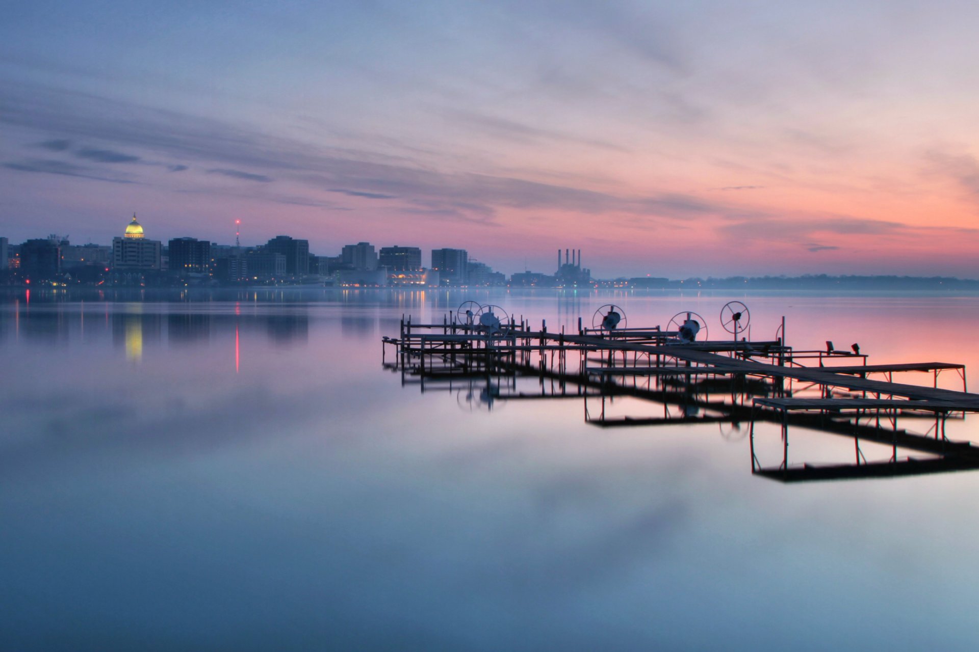 united states wisconsin town madison lake night sunset sky clouds reflection