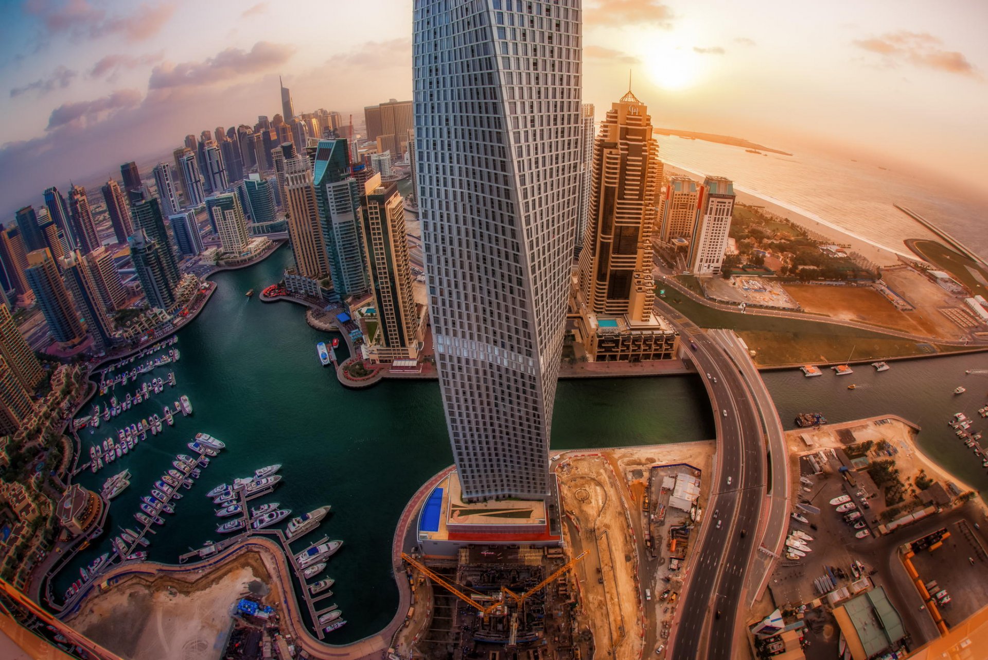 ville dubaï eau gratte-ciel aube hauteur panorama lumières