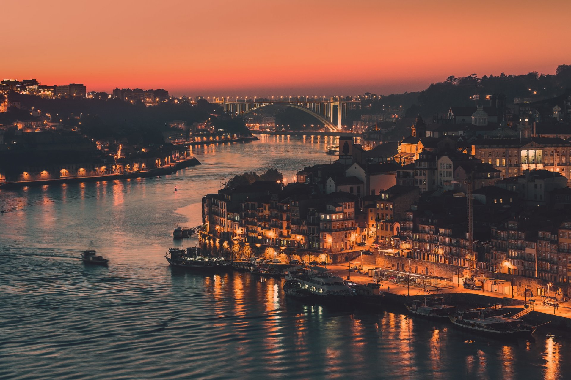 portugal town porto night lights river channel bridge