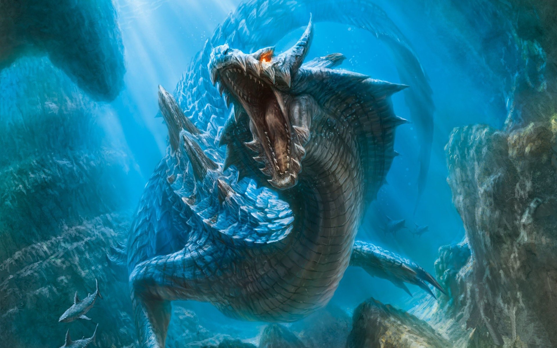 dragon monster hunter monde sous-marin bouche fond lumière requins