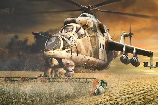 Mi-24 helicopter harvests cereals with a mower