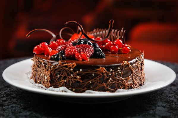 Chocolate cake on a white plate decorated with fresh berries