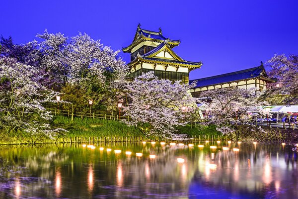 Zamek w Japonii. Odbicie świateł w wodzie
