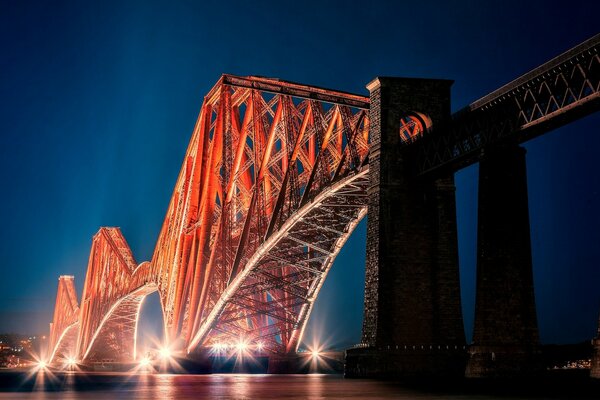 Forth Bridge Railway Bridge in Scotland at night