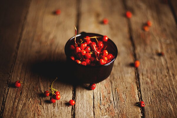 Rote Beeren in einer schwarzen Schüssel auf einem Holztisch