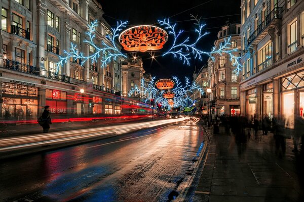 Evening street in London with Christmas decorations
