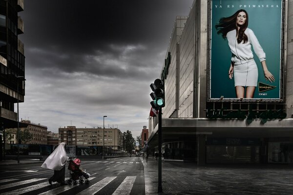 A bright poster on an empty street