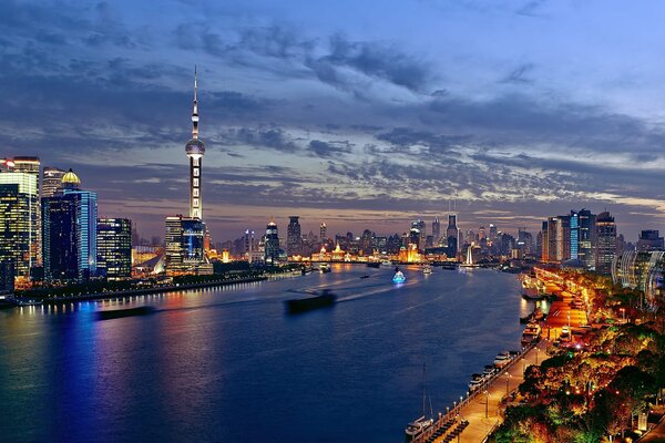 Reflection of the lights of the Oriental Pearl TV tower