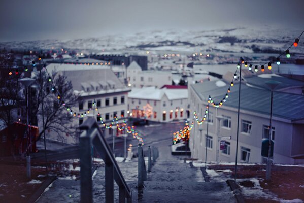 Ciudad de Navidad en una foto de estilo bokeh