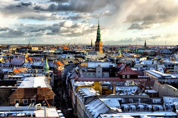 Snow-covered roofs of houses in Copenhagen