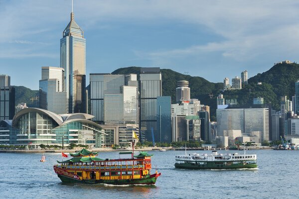 View of the skyscrapers of Hong Kong and the harbor with boats