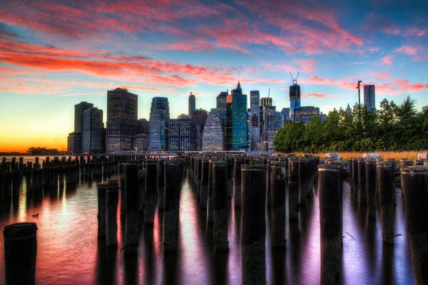 Skyscrapers against a stunning sunset sky