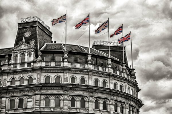 The flag on the London building is waving