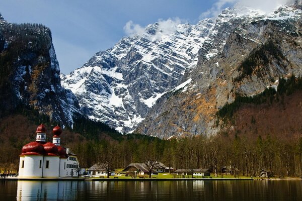 Monastery in the middle of mountains, forests, lakes