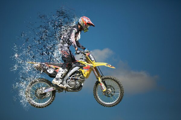 Motorcyclist on a sports motorcycle in flight