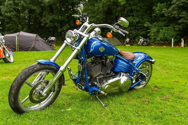 A walking Harley with a high chrome steering wheel for quiet rides in forest glades