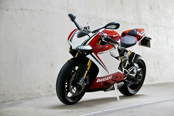 Red and white Ducati sports motorcycle