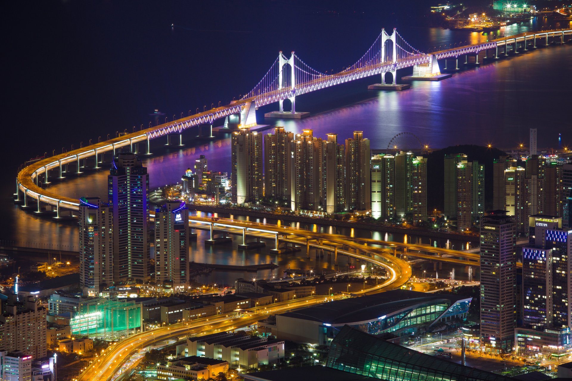 republik korea stadt busan zuhause gebäude brücke kwanan meerenge beleuchtung lichter hintergrundbeleuchtung nacht panorama ansicht