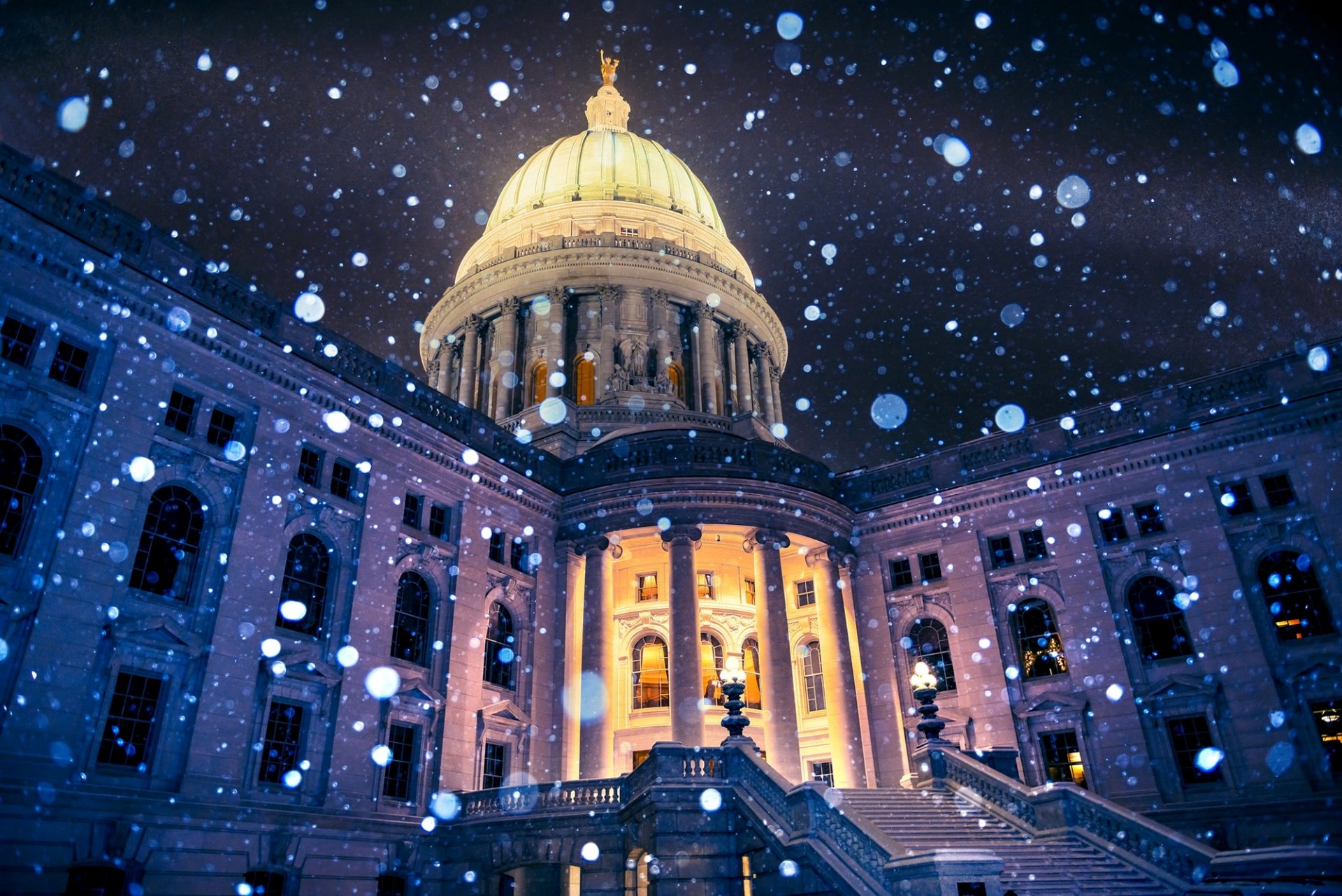 madison wisconsin stati uniti d america stati uniti d america madison città notte campidoglio edificio lanterne luce inverno fiocchi di neve bokeh