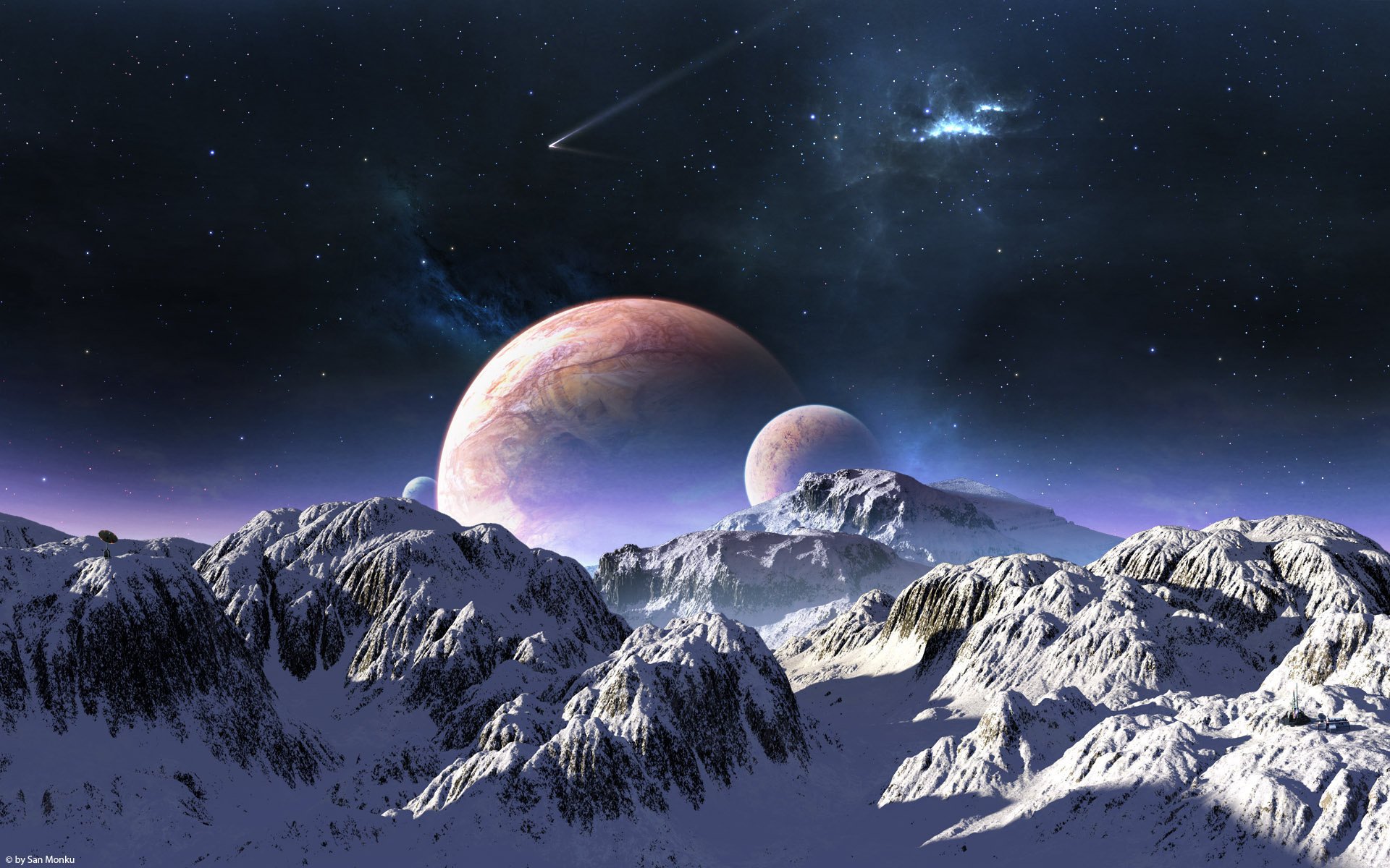 planet stars mountains terraspace the sky snow comet