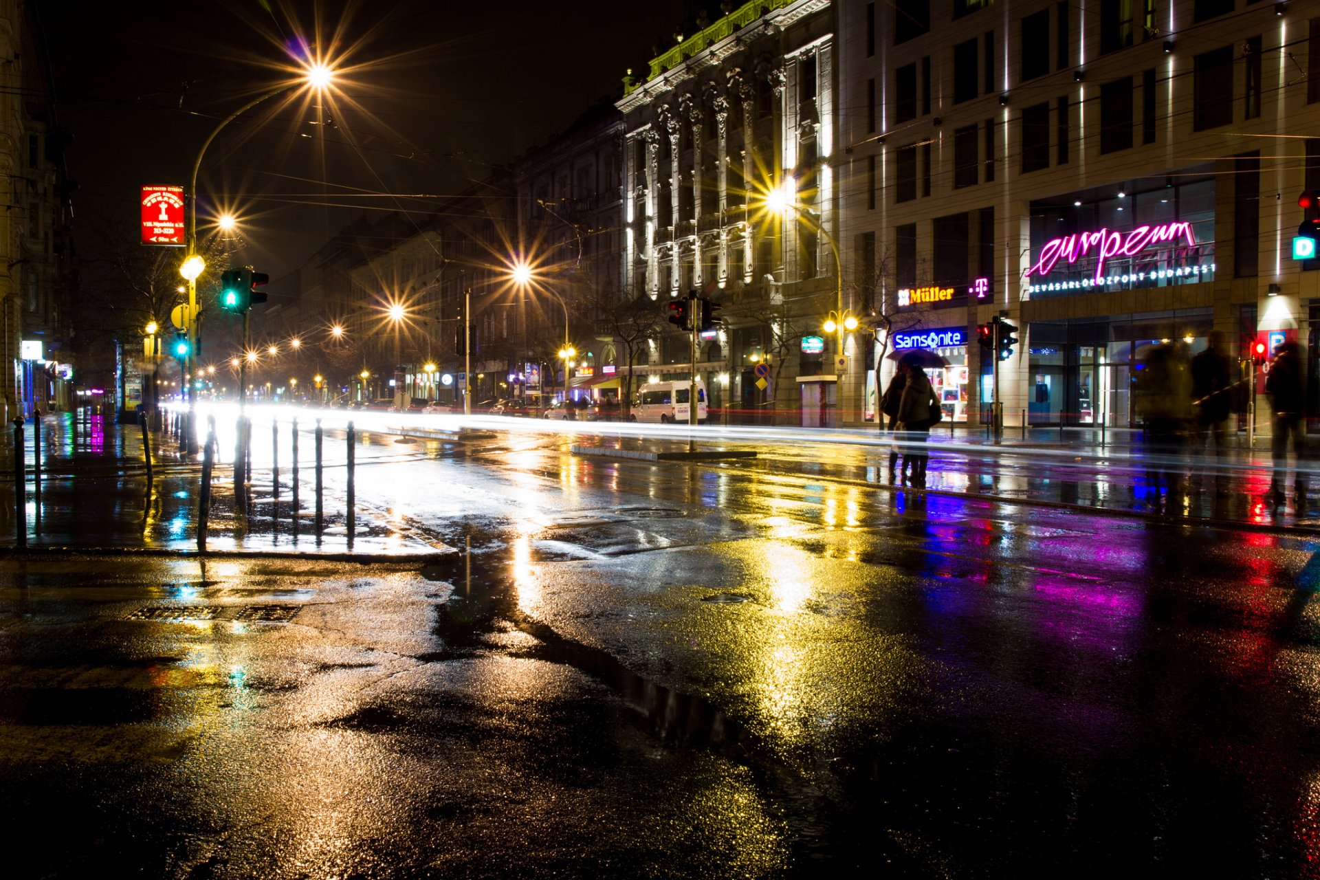 budapest schädlingsbekämpfung magyaror ungarn stadt nacht gebäude geschäfte schilder straße exposition lichter asphalt pfützen laternen beleuchtung menschen