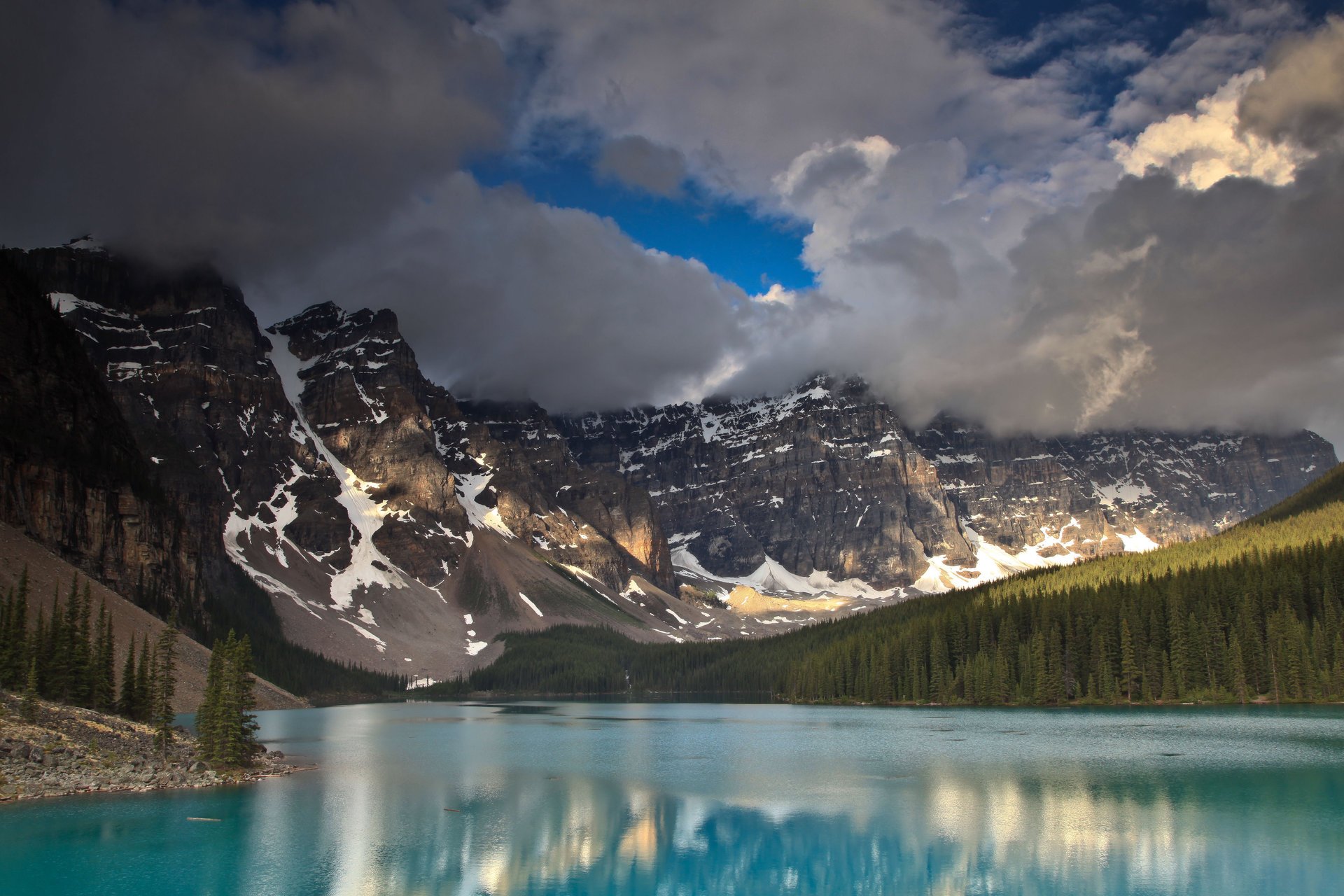 canada blue water forest river the sky clouds mountain