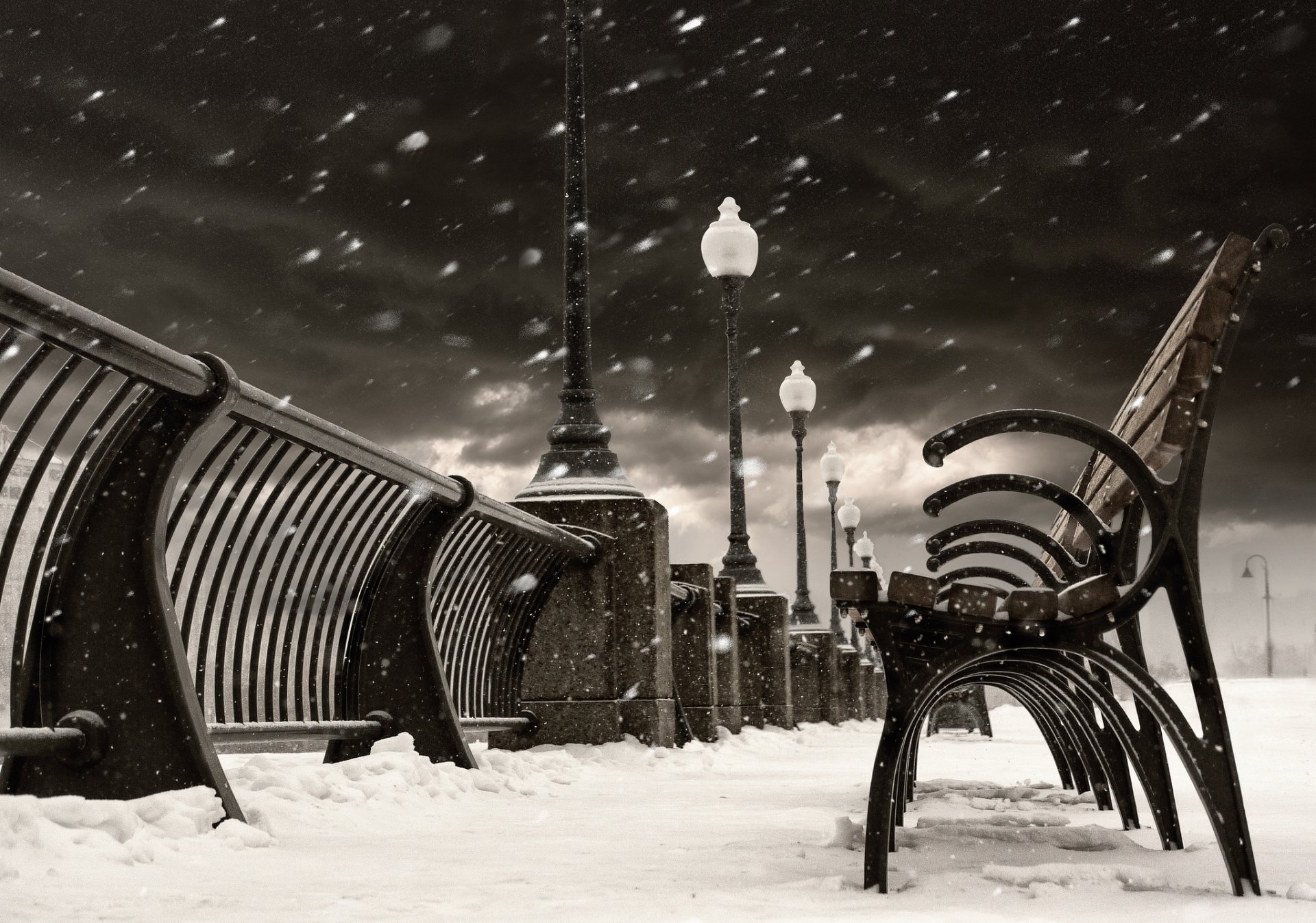 quebec kanada montreal zima miasto śnieg ławki ławki ławki latarnie