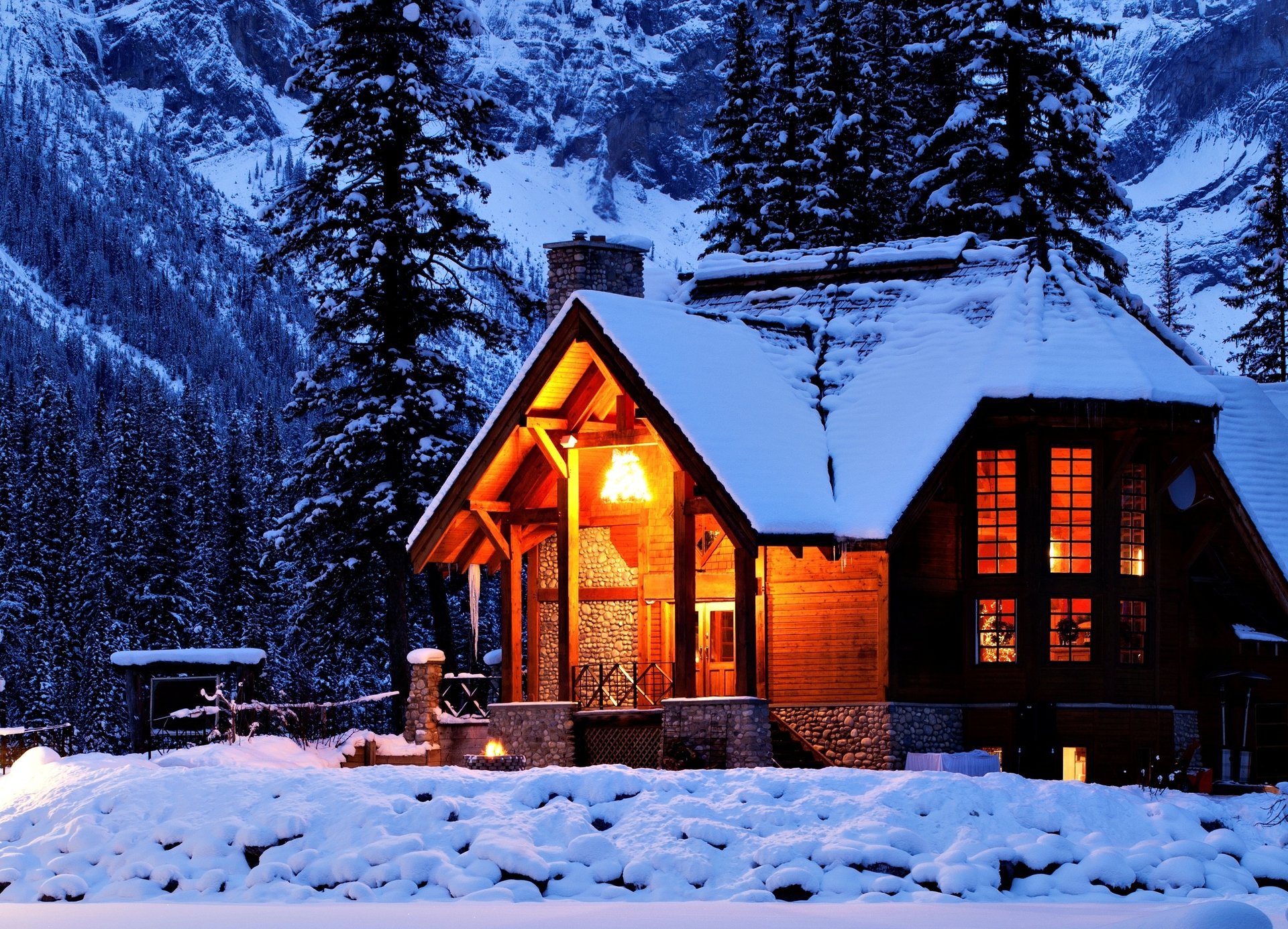 noche cabaña nieve luz naturaleza casa