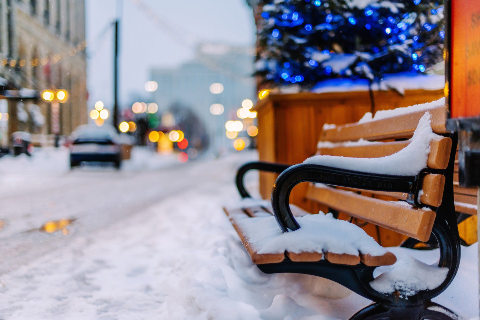 banc banc banc banc neige route voitures bokeh lumières guirlandes hiver