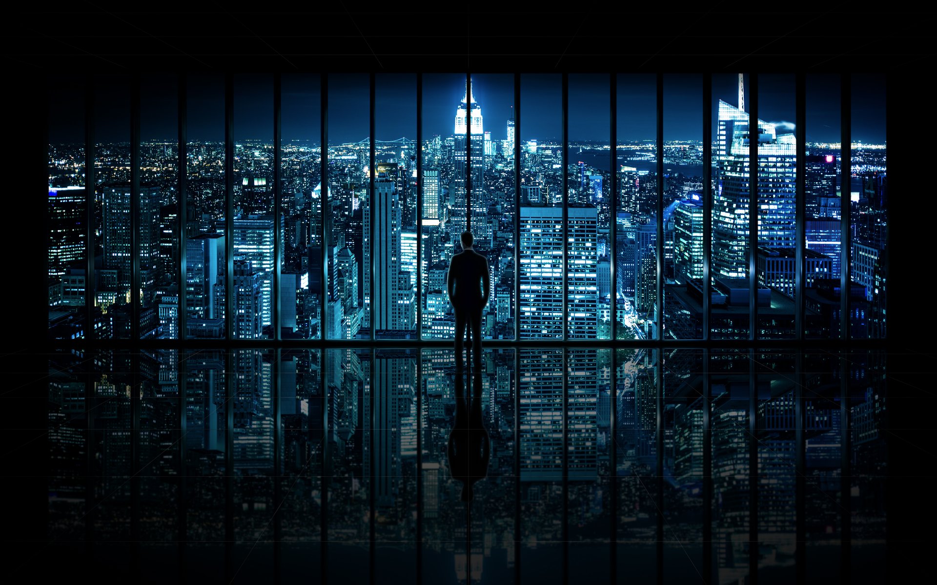 chevalier noir fenêtre de gotham city new york ville nuit fenêtre vue homme