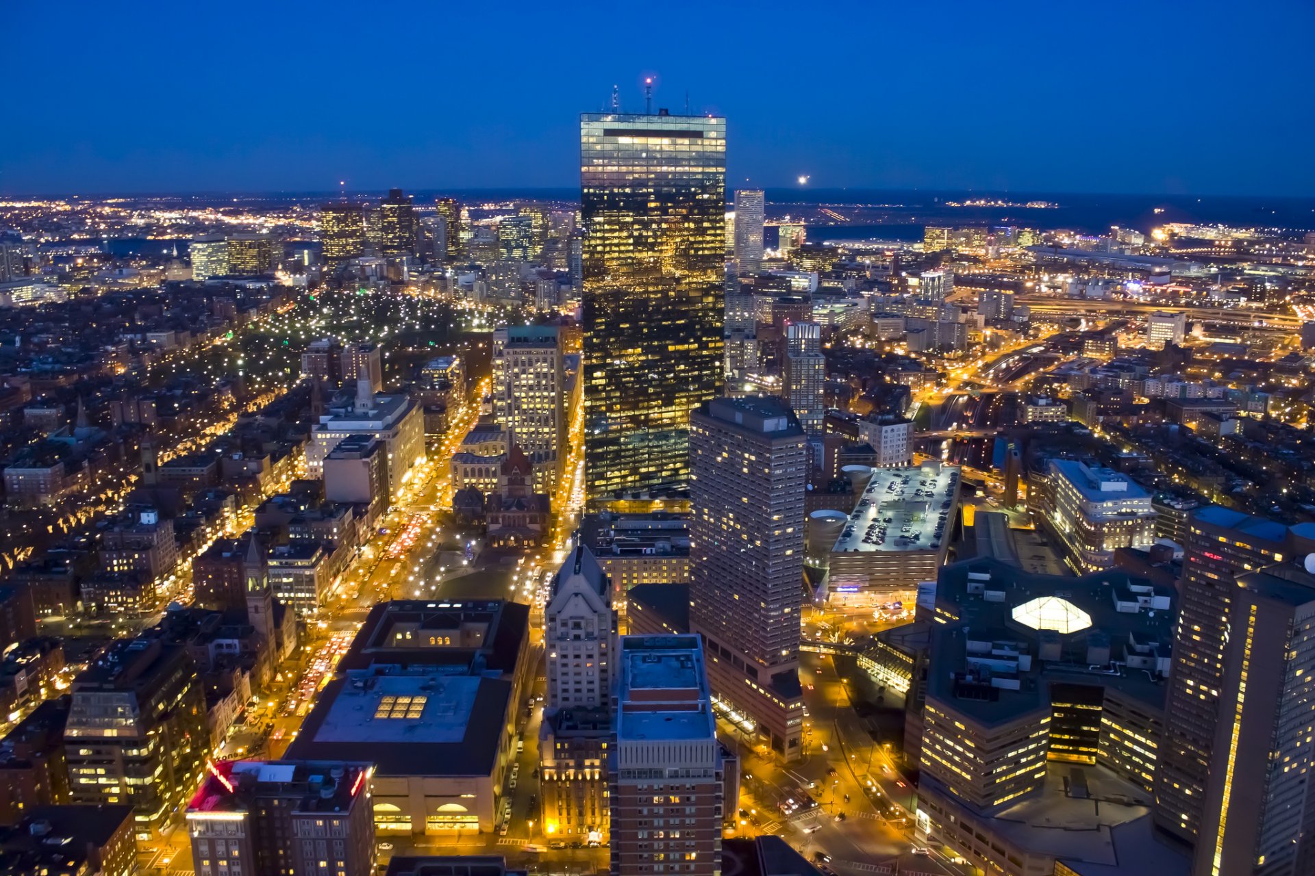 boston massachusetts usa city night lights view panorama houses buildings skyscrapers high-rise