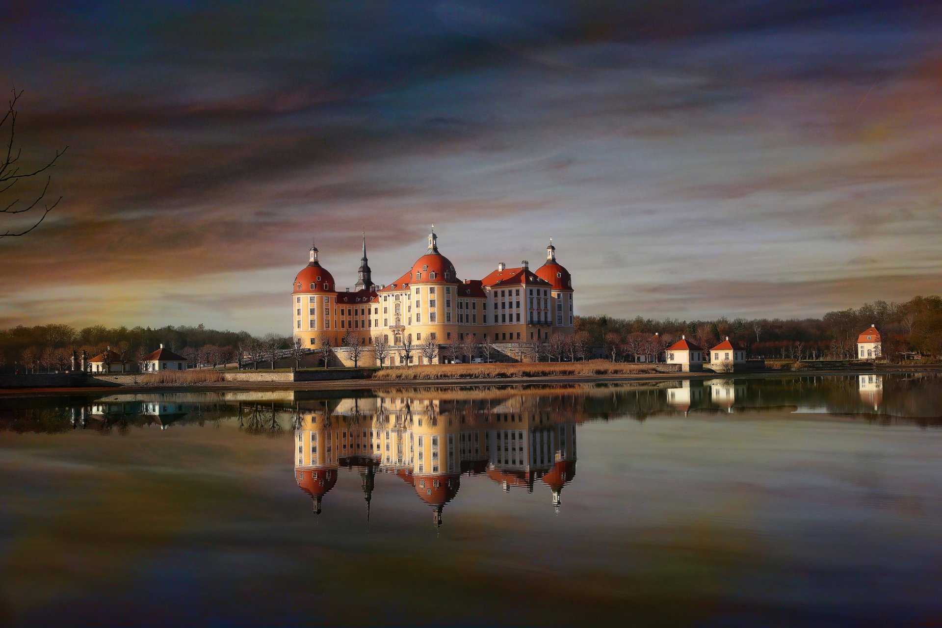 deutschland moritzburg schloss teich reflexion abend