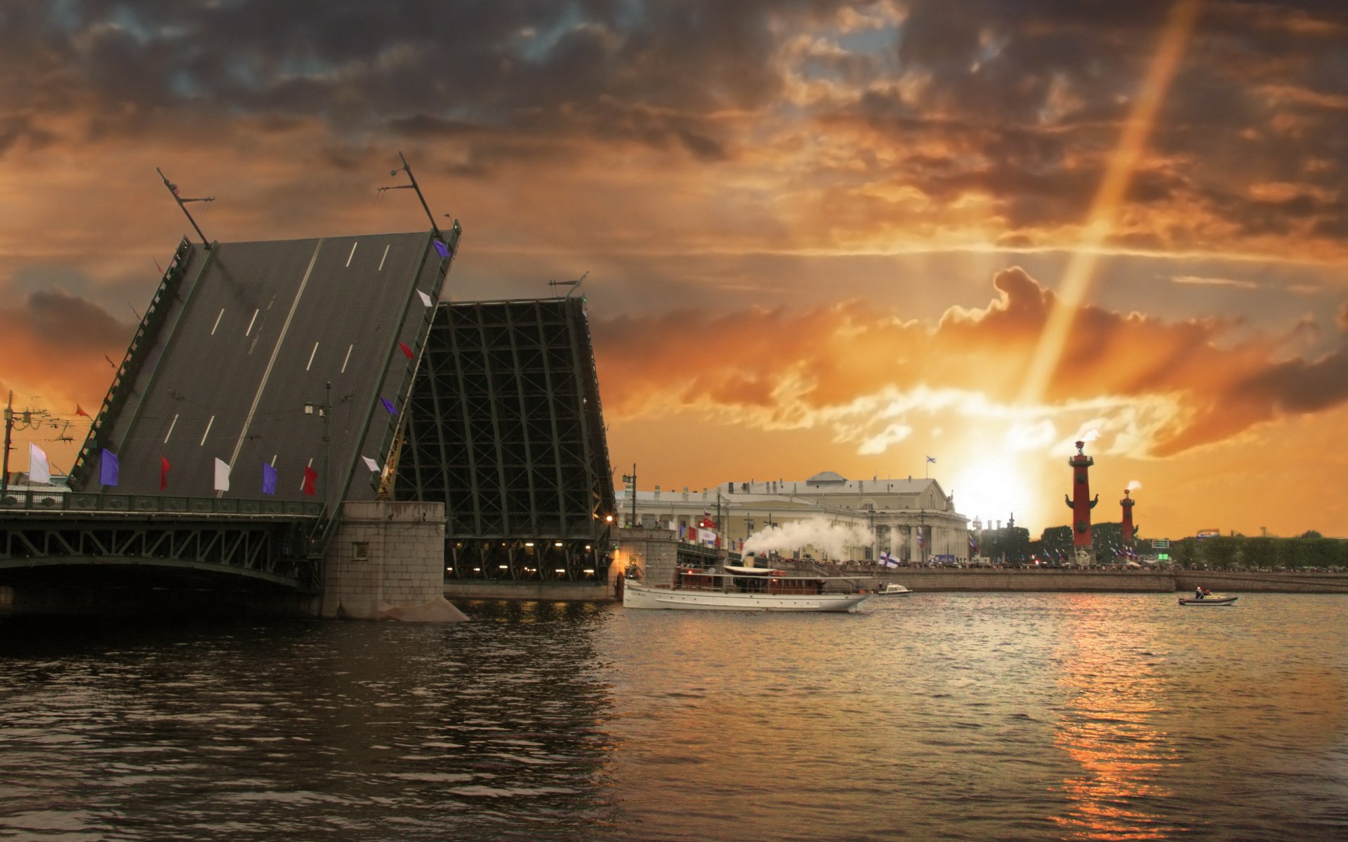 río ciudad puente puesta de sol