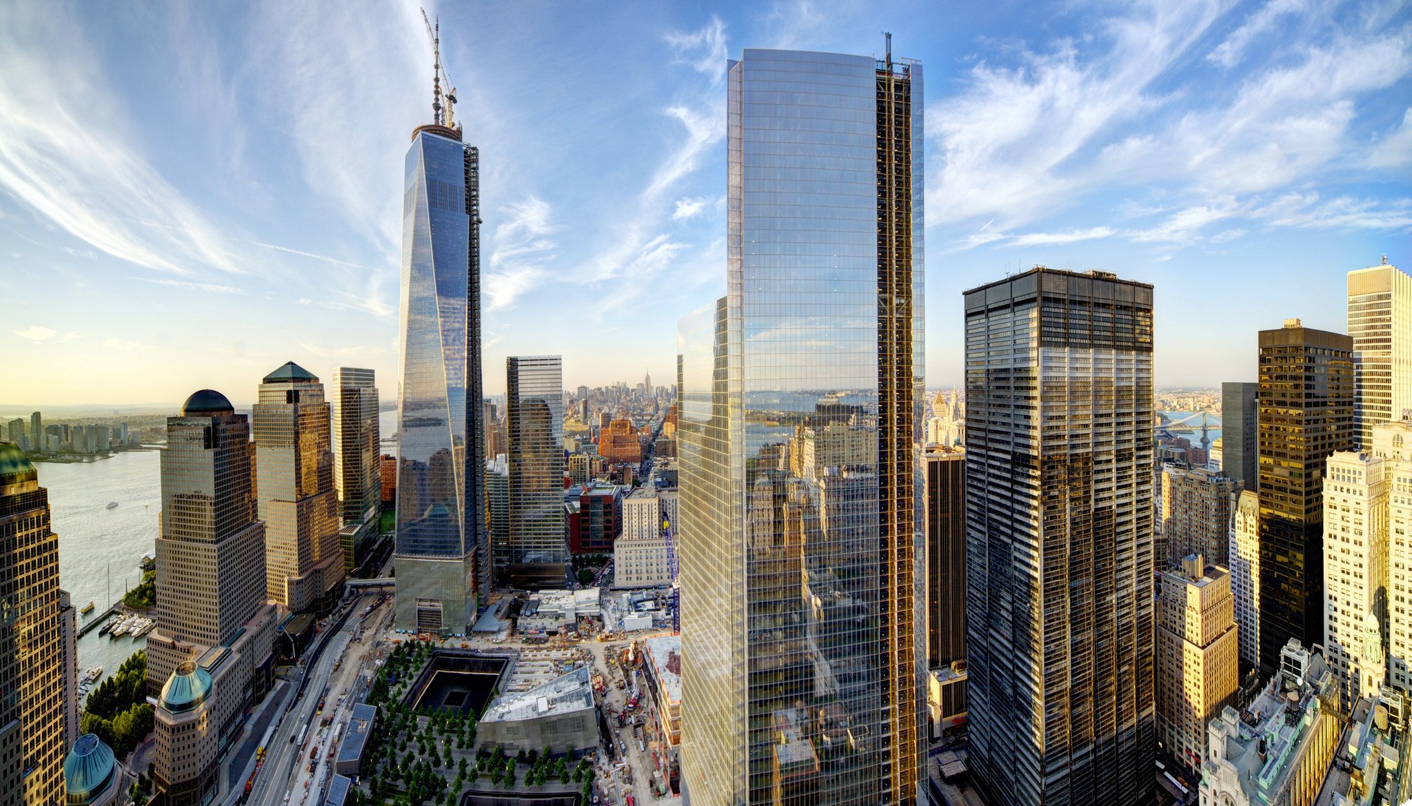 nowy jork manhattan wtc 1 world trade center usa world trade center miasto niebo chmury drapacze chmur budynki domy panorama