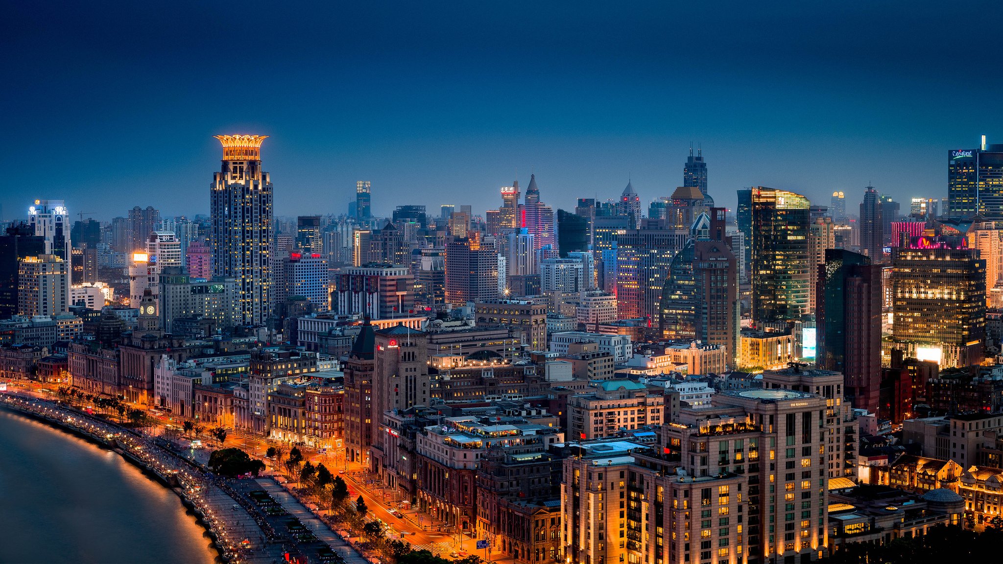 huangpu szanghaj chiny miasto nocne budynki panorama promenada