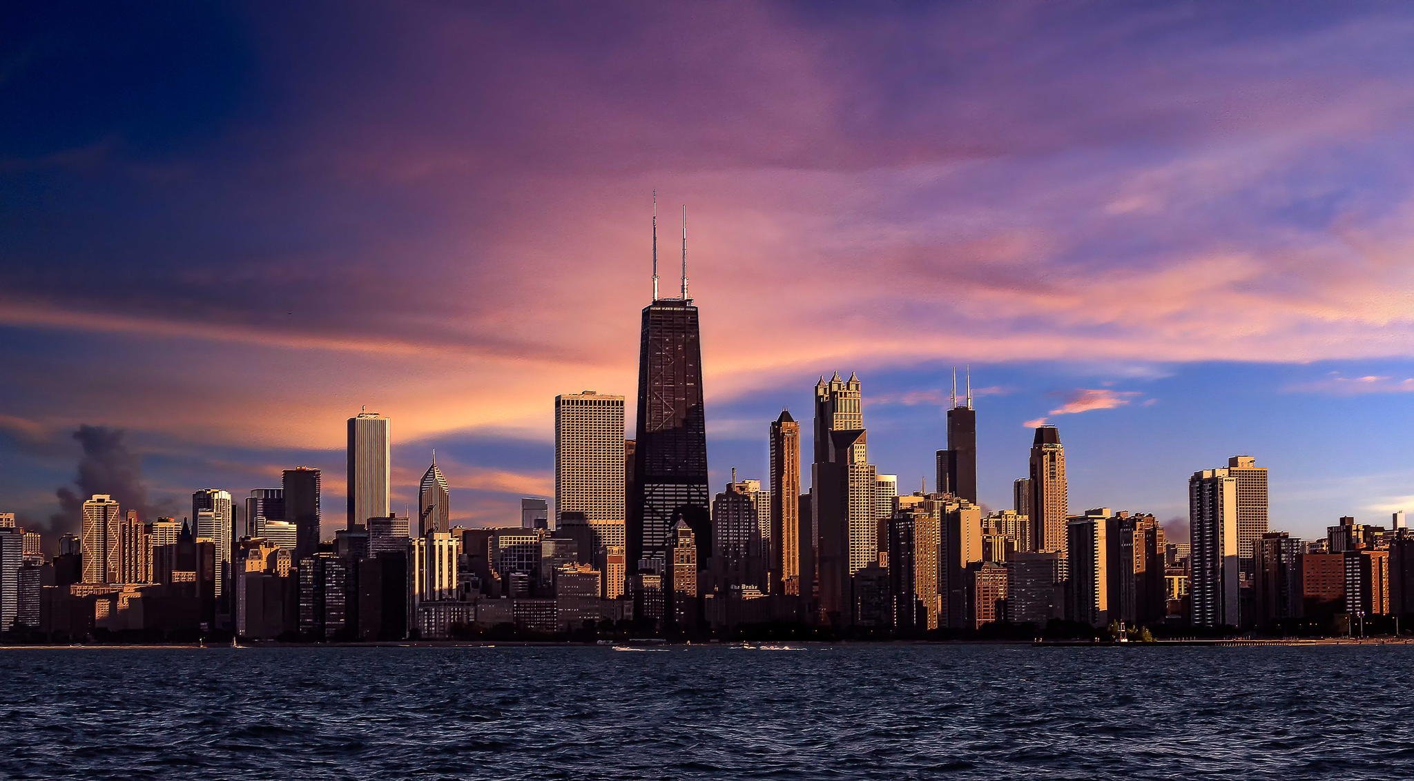 chicago illinois miasto rzeka drapacze chmur wieczór zachód słońca