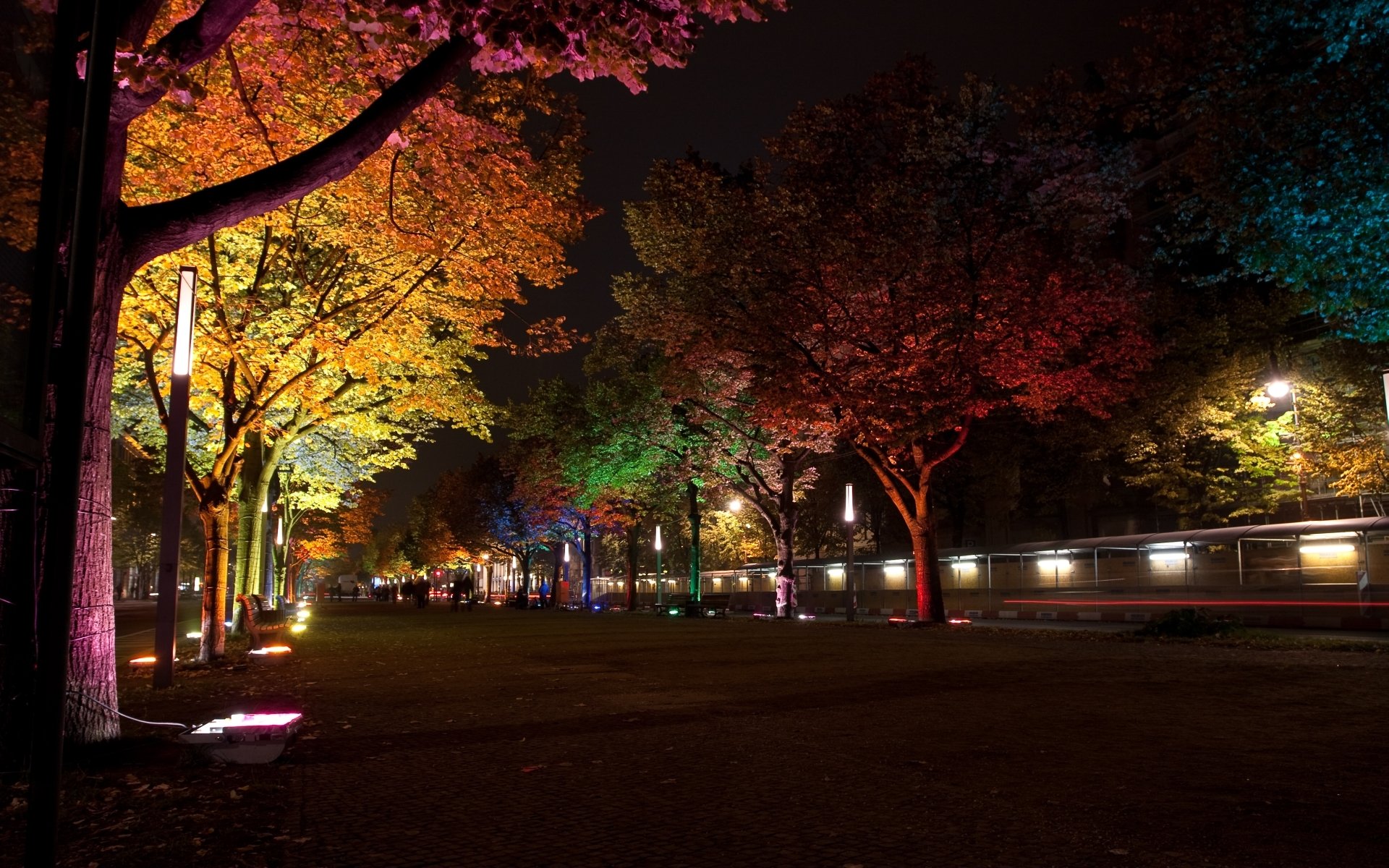 città berlino germania festival della luce notte strada vicolo alberi lampade lanterne retroilluminazione illuminazione