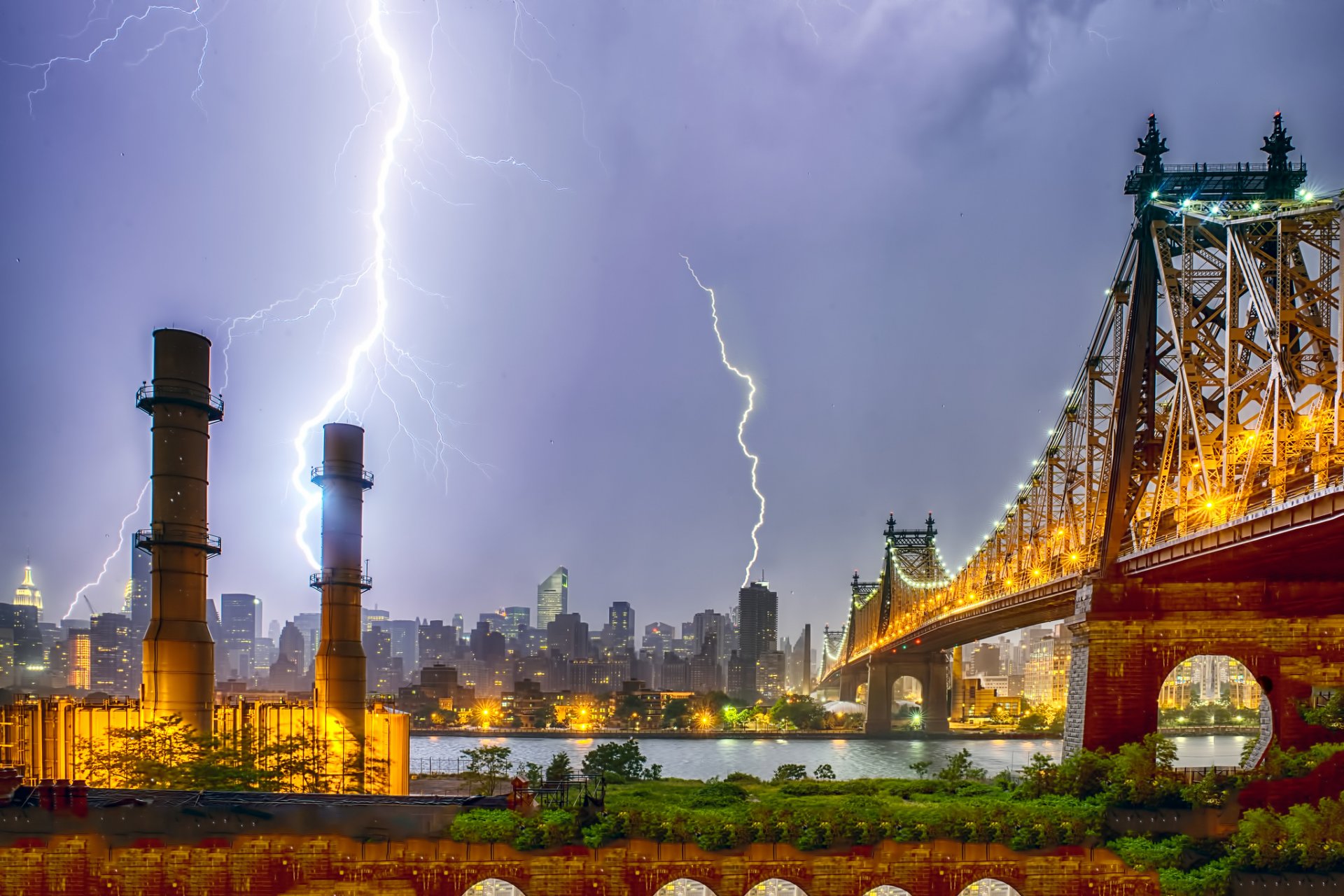 usa new york city nacht lichter gewitter blitz