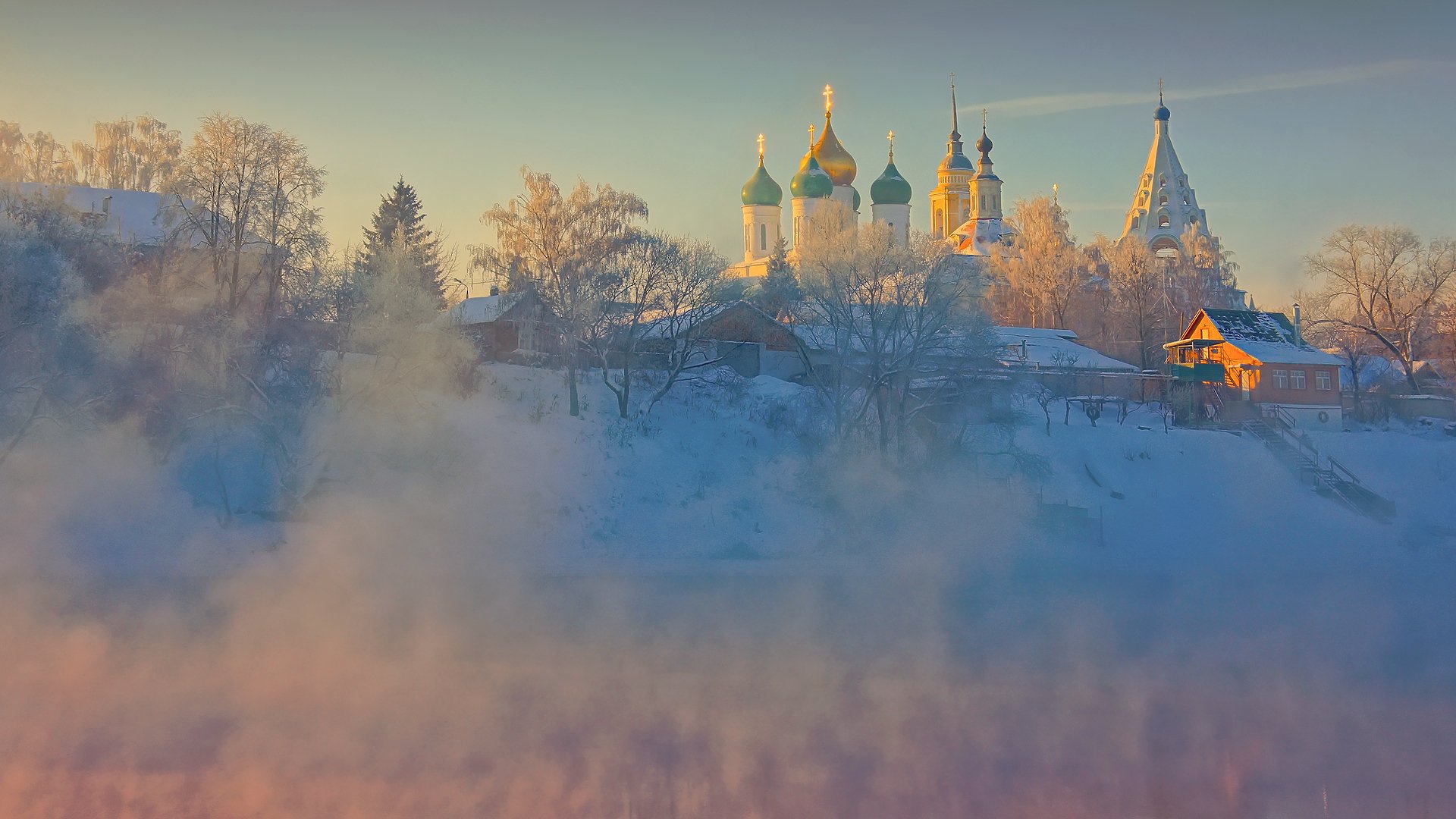 architektur bäume häuser winter kolomna kloster frost himmel natur morgendämmerung fluss alte kolomna tempel kirche