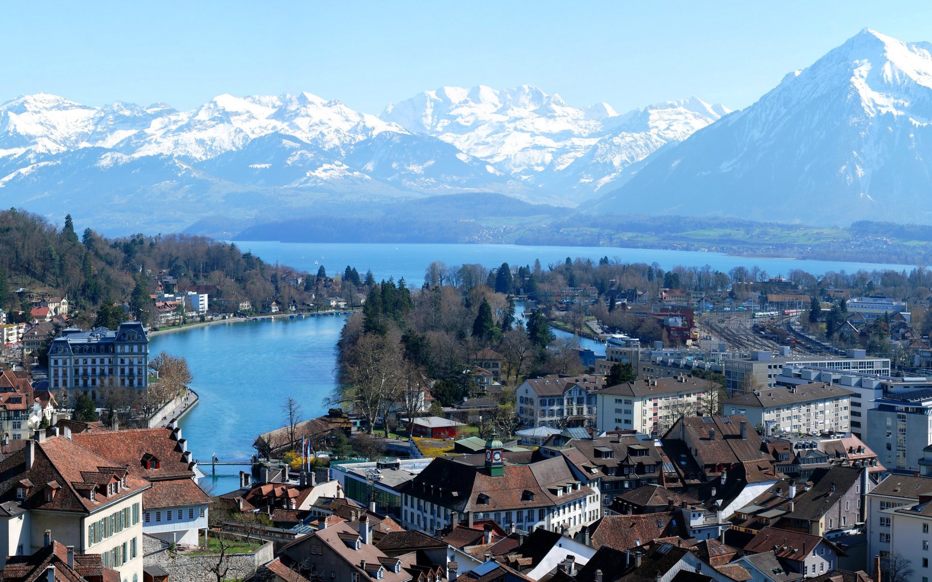 berna suiza cielo montañas nieve paisaje lago bahía puente casa barrio calle árboles