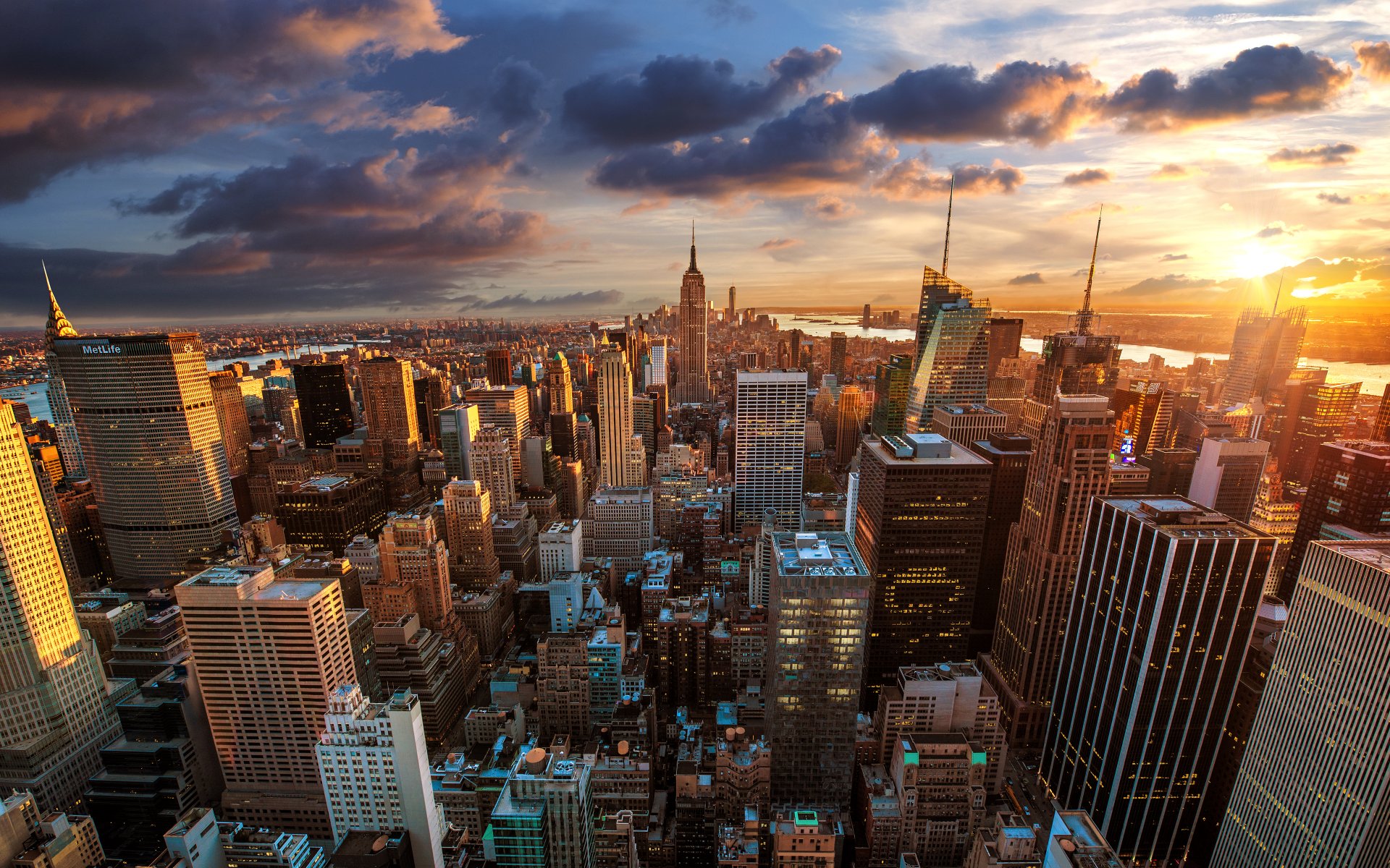 rockefeller center city skyscrapers dawn megapolis new york usa panorama